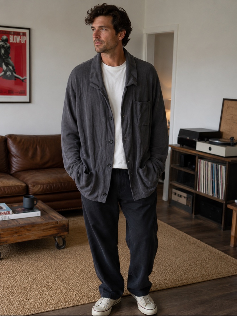 Men's Gray Cardigan Sweater - Shawl Collar